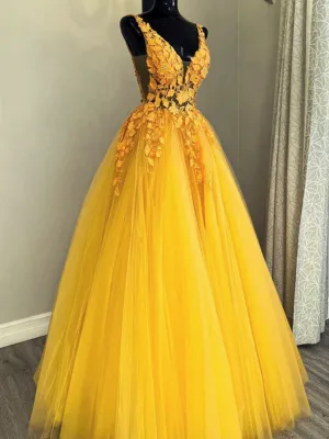 Yellow Tulle with Lace Applique Long Party Dress, A-line Yellow Formal Dress